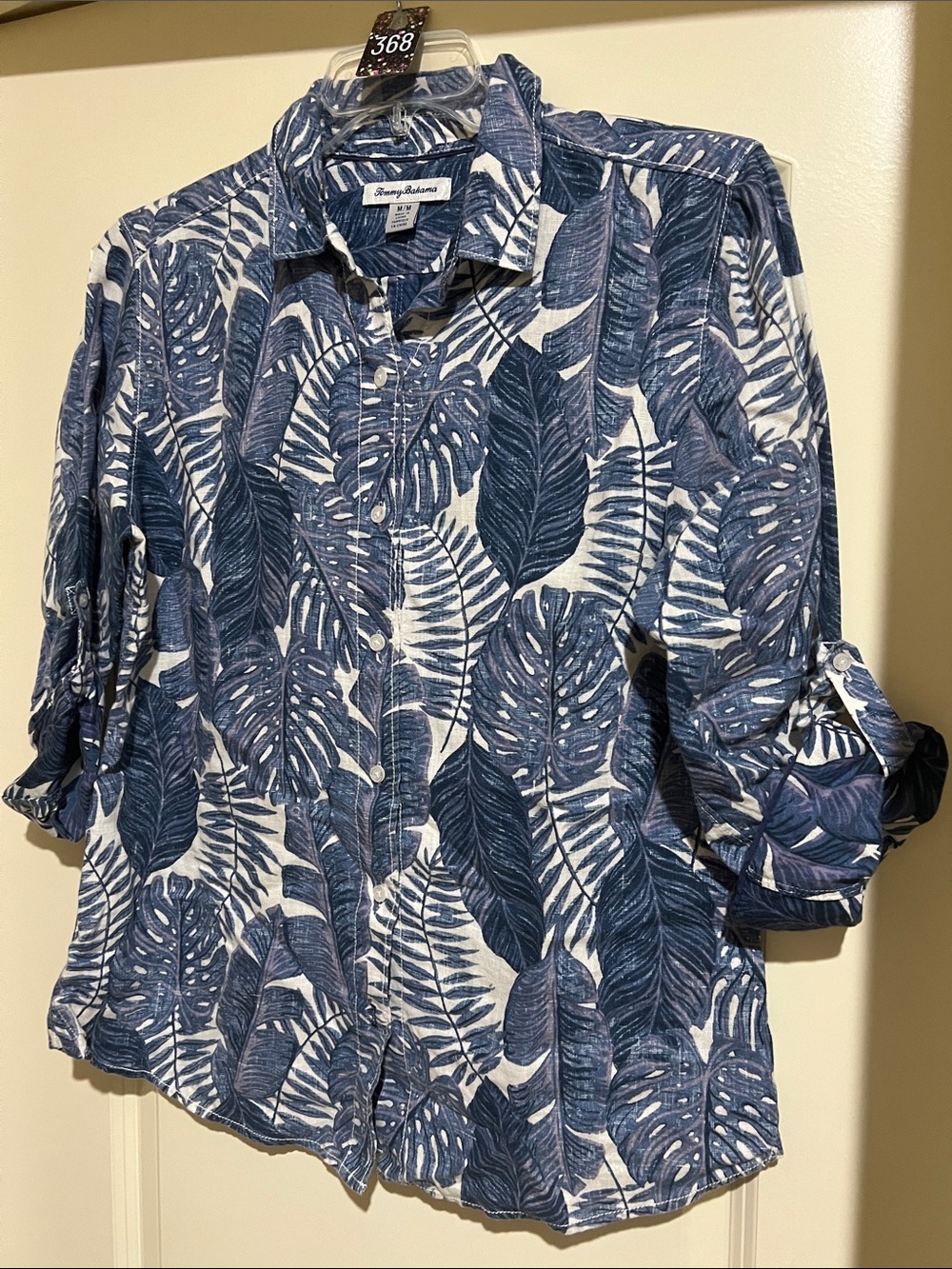 Tommy Bahama Blue & White Tropical Leaf Button-Down Linen Shirt H368